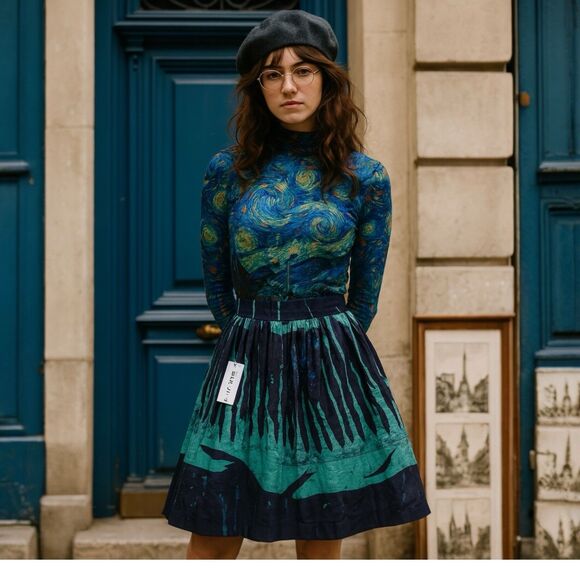 Busayo Abstract Print Skirt XS Blue Knee Length Pleated Boho Artisan - Picture 9 of 9